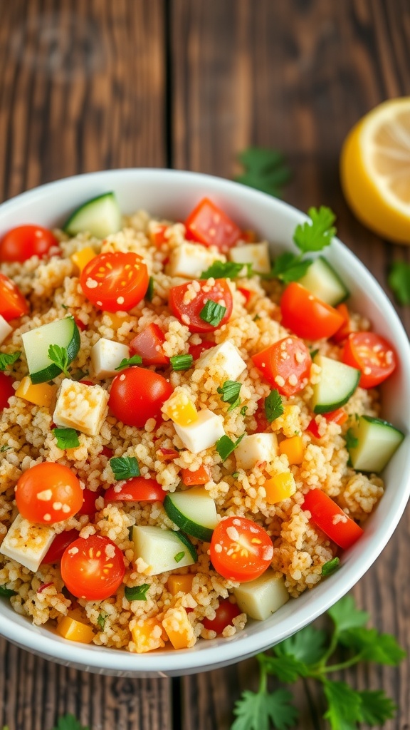A colorful bowl of quinoa salad with vegetables and fresh herbs, garnished with parsley.